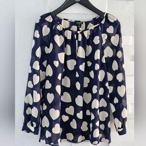 J. Crew Navy Blouse with White Heart Pattern Beautiful For Valentines Size M